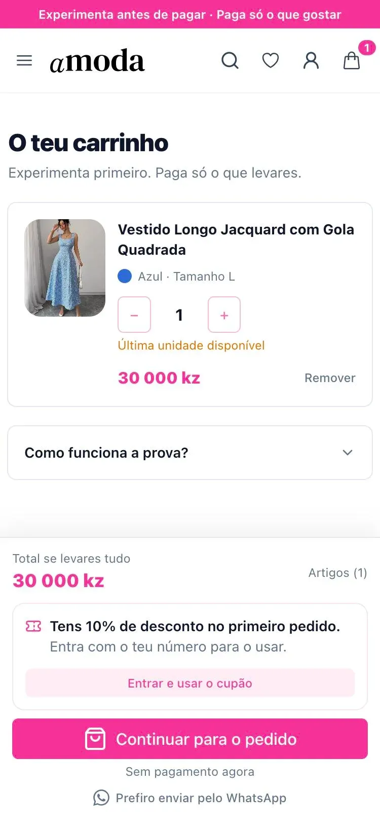 Carrinho da Amoda com uma peça, área de cupão e botão Continuar para o pedido
