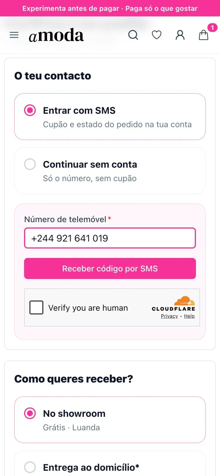 Página de confirmação do pedido: entrar com SMS ou continuar sem conta, e escolha entre showroom e entrega