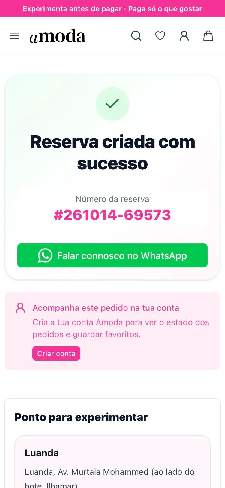 Ecrã após o envio do pedido, com número de referência e botão de WhatsApp