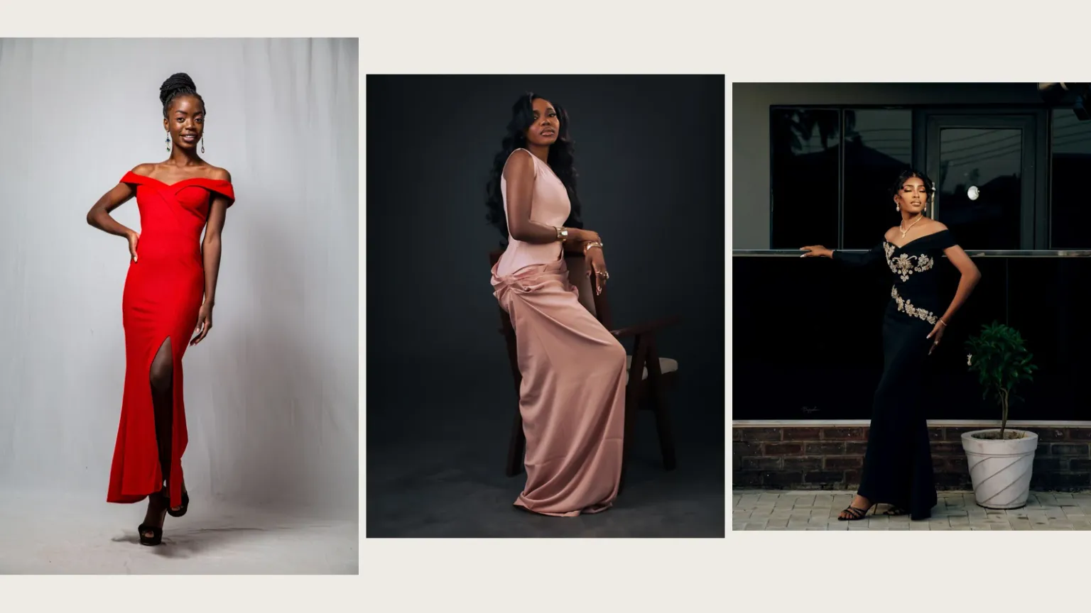 Três inspirações de festa: vestido vermelho, vestido rosa de cetim e vestido preto com bordados