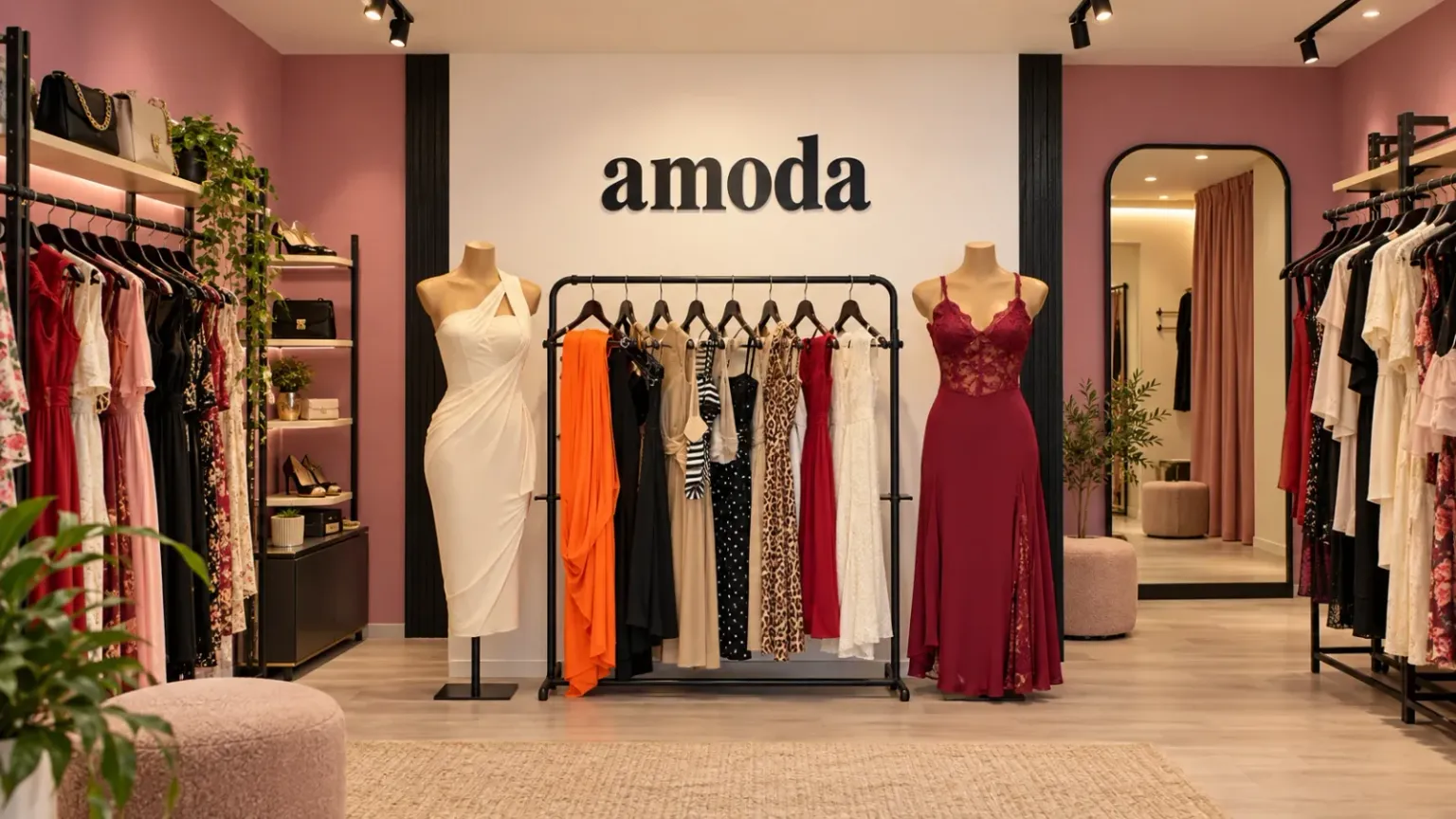 Ilustração baseada no showroom da Amoda, com vestidos em cabides, manequins e espelho de prova